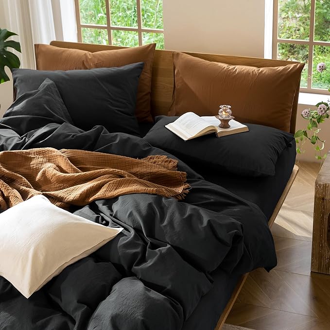 MooMee Bedding Duvet Cover Set 100% Washed Cotton Linen Like Textured Breathable Durable Soft Comfy (Solid Black, Cal King 104"x98")