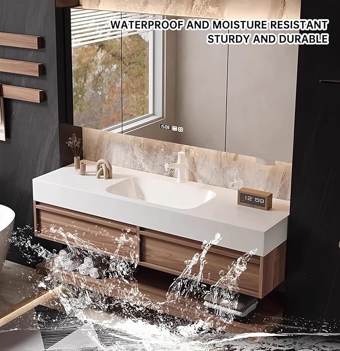 36" Bathroom Vanity, Floating Bathroom Vanity with Sink, Solid Wood Vanities with Smart Defogging Mirror Cabinet, Slate Countertop and Faucet, Wall Mount Bath Furniture Cabinet with Drawers (Walnut)