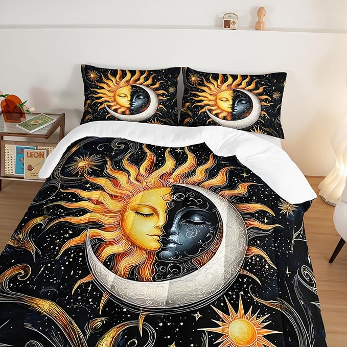 Sun and Moon Bedding Set Full Size,Yellow Galaxy Celestial Bedding for Kids Boys Girls Teens Room Boho Decor,Black and Yellow Fluffy Comforter Sets with 2 Pillowcases.