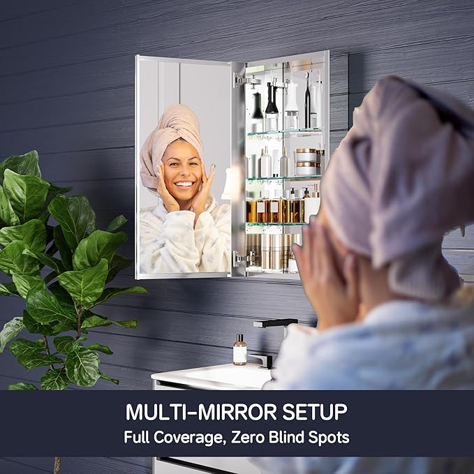 Medicine Cabinet 16" x 30", Bathroom Medicine Cabinet with Mirror, Recessed Medicine Cabinets with Adjustable Shelves, Soft-Closing Door, and Aluminum Alloy Frame - Reverse Installation, Silver