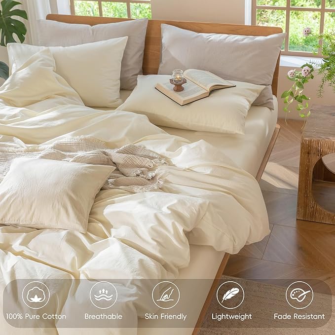 MooMee Bedding Duvet Cover Set 100% Washed Cotton Linen Like Textured Breathable Durable Soft Comfy (Solid Cream White, Super King Plus 120"x120")