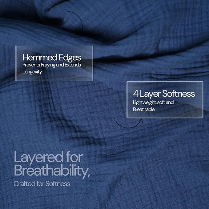 Salt Earth 100% Cotton Muslin Blanket, Gauze Blanket 80"X90" Queen, 4 Layered for Couch, Bed, Living Room,Lightweight & All Seasons Blankets & Throws, Easy to wash,Nature & Skin Friendly(Navy Blue)