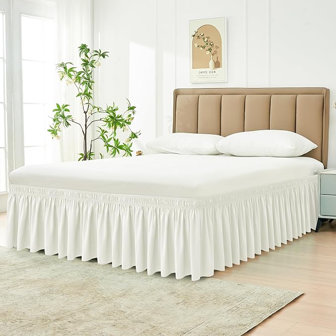 Biscaynebay Wrap Around Bed Skirts for King & Cal King Beds 11" Short Drop, Ivory Adjustable Elastic Dust Ruffles Easy Fit Wrinkle Resistant Silky Luxurious Fabric Machine Washable