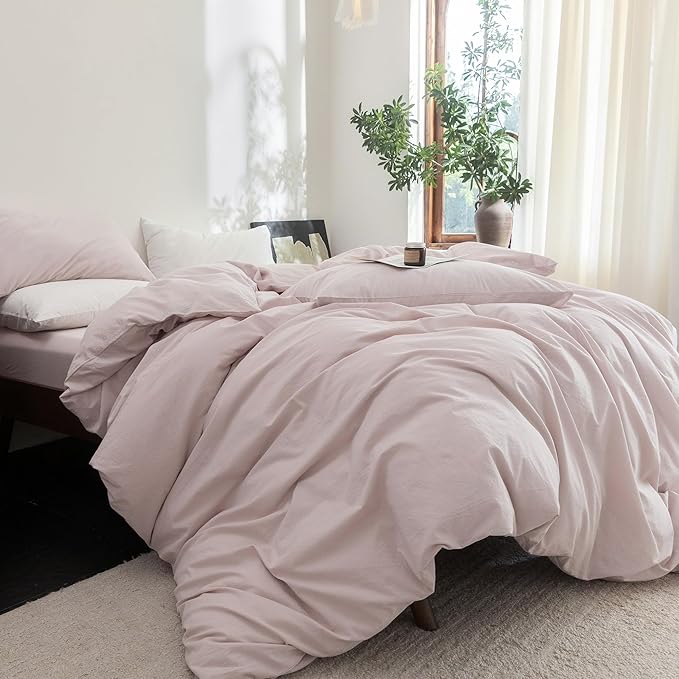 FOSSA Duvet Cover Set 100% Washed Cotton Linen Feel Super Soft Breathable Cozy 3 Pieces Bedding Sets Solid Greyish Pink Super King