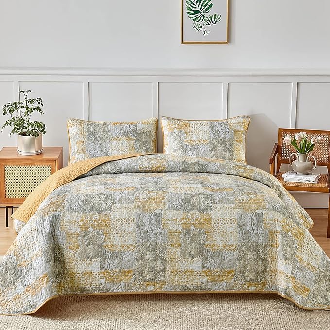 Mybedsoul Yellow Boho Quilt Set Queen Size 3 Pieces Grey and Yellow Plaid Floral Bedding Set Microfiber Lightweight Bohemian Patchwork Bedspread Coverlet Set for All Season 90"x96"