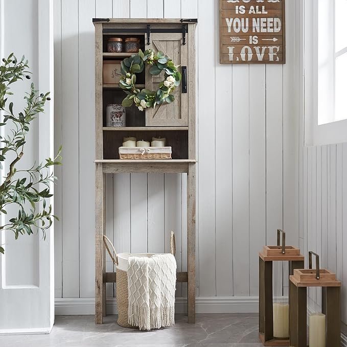 RedLemon Farmhouse Over The Toilet Storage Cabinet Set of 2, 68" Tall with Sliding Barn Doors & Adjustable Shelves, Rustic Above Toilet Storage Cabinet, Light Rustic Oak