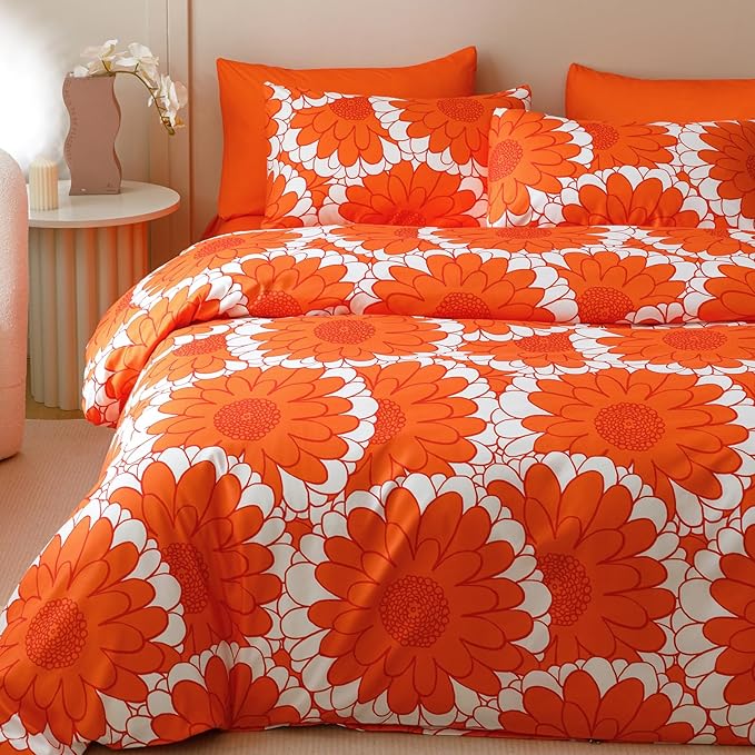 KAREVER Orange Sunflower Comforter Set Twin Size Orange Sunflower Bedding Set 3 PCs Comforter Set Twin Size Fluffy Linen Comforter Sets