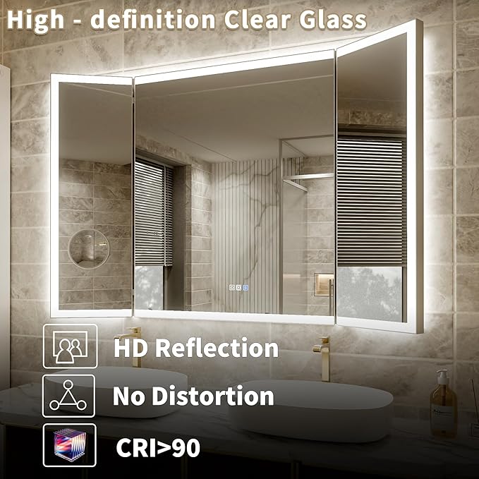 54x36 Trifold Bathroom Mirror with Lights with Removable Magnifier, 180° Foldable LED Mirror for Bathroom, Front&Backlit, Wall Mounted, Stepless Dimming, Color Temper Change, Anti Fog