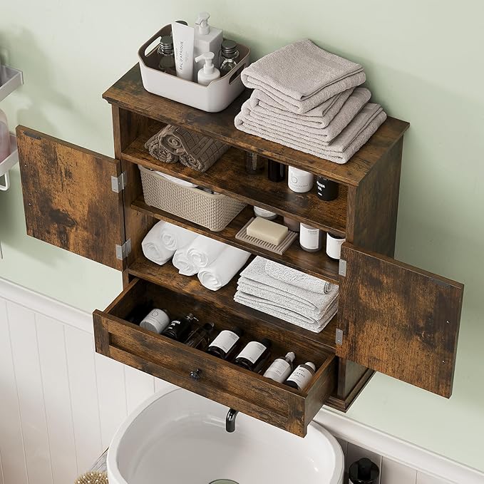 Bathroom Wall Cabinet, Wall Mounted Medicine Cabinet with Drawer, Barn Door & Adjustable Shelf, 24.4"H x 23.6"W x 9"D Rustic Brown Over Toilet Farmhouse Storage Cabinet for Kitchen, Laundry, Entryway