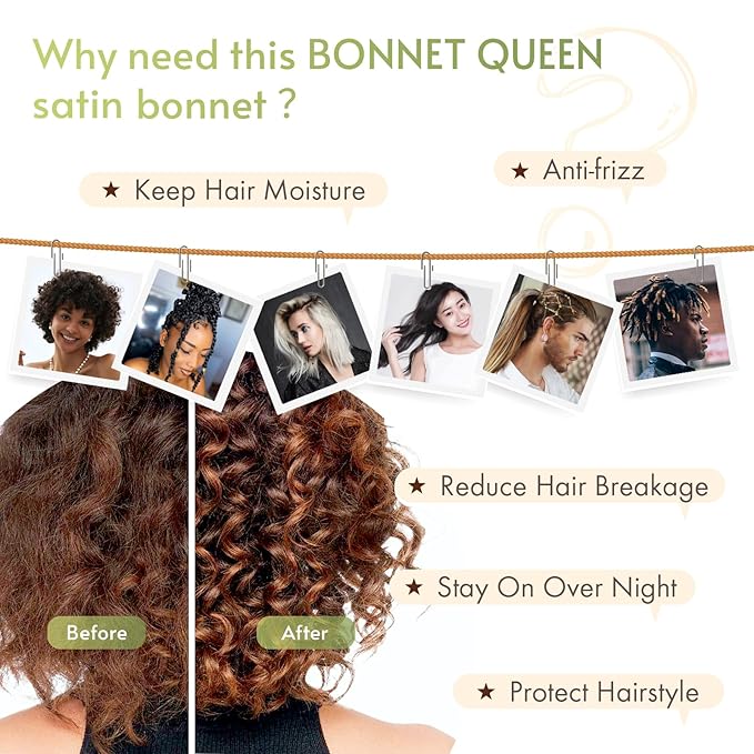 BONNET QUEEN Silk Bonnet for Sleeping Women Satin Bonnet Night Sleep Cap Wrap for Curly Hair with Adjustable Tie Band, Single Layer, Champagne