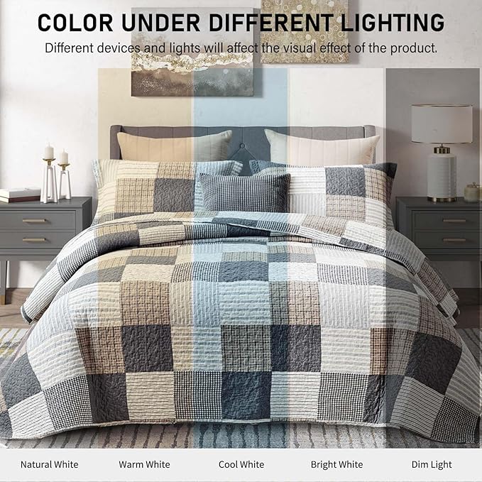 KALOOLA Plaid Quilts Queen Size, 100% Cotton Soft Lightweight Bedding Set 3 Pieces, Farmhouse Quilted Bedspread with 2 Pillowshams for Queen Bed, Grey White Black Coverlet for All Season