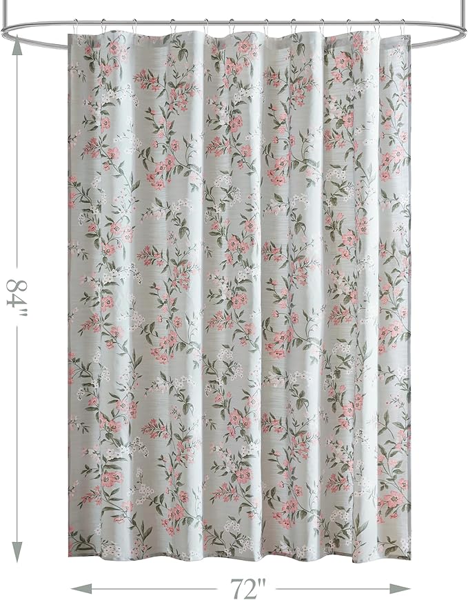 Martha Stewart Meadow Floral Shower Curtain, Cotton-Rich Slub Texture, Timeless Garden Design, Classic to Modern Farmhouse Bathroom Decor, Machine Washable 72"x84", Green