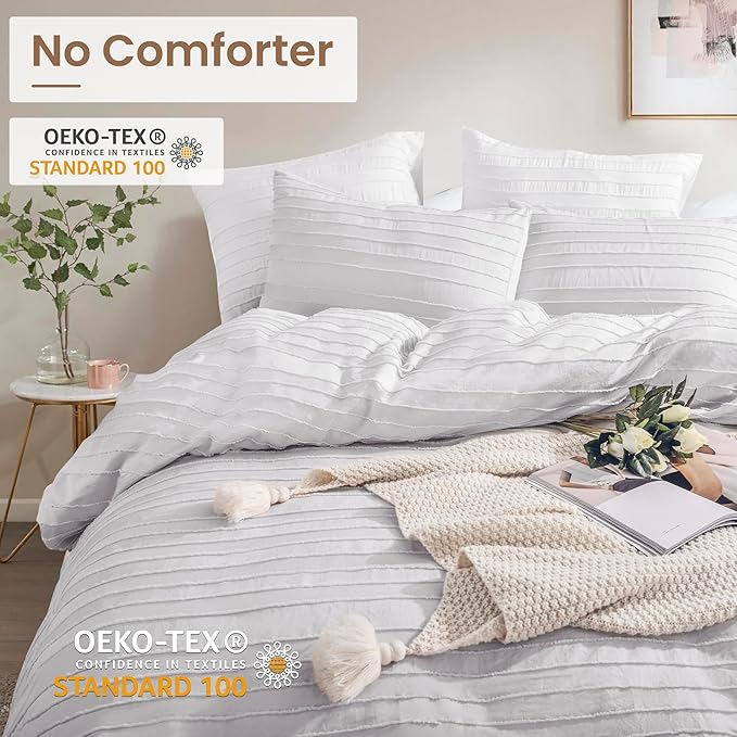 NEXHOME PRO California King Duvet Cover, Light Grey 3 Pieces Boho Tufted Duvet Cover Set, Soft and Lightweight Microfiber Comforter Cover Set (Light Grey Cal King, 104 x 98)-No Comforter