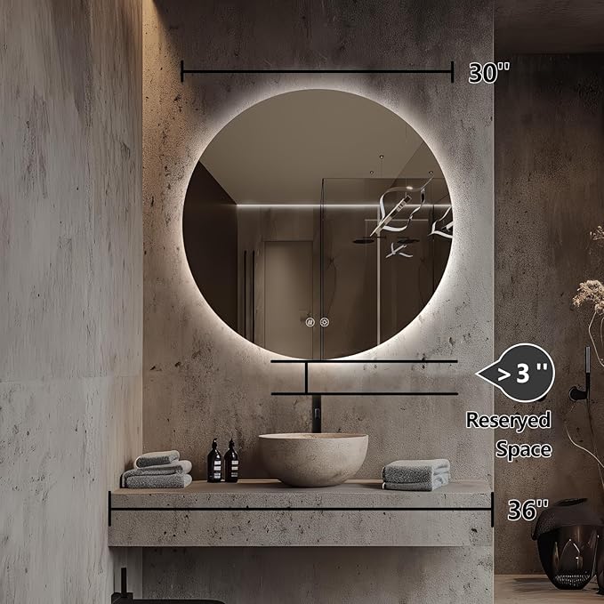 Round LED Mirror for Bathroom, 30" Circle Frameless Backlit Mirror with Lights, Wall Mounted Vanity Mirror, 3 Colors, Dimmable, Anti-Fog, IP65 Waterproof, Memory Function, UL Listed
