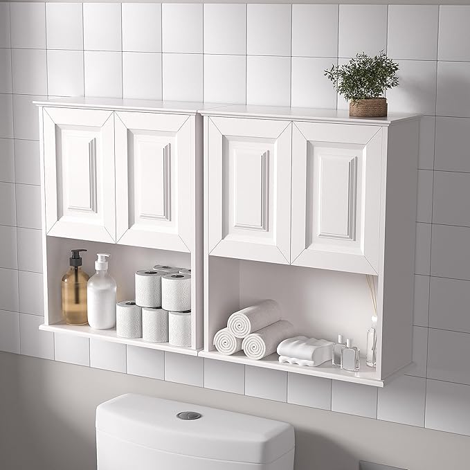 Bathroom Wall Cabinet Wooden with 2 Doors,Over the Toilet Storage Cabinet,Bathroom and Laundry Wall Mount Storage Medicine Cabinet with Open and Adjustable Shelf,Easy Assembly (Style B-2 PC, White)