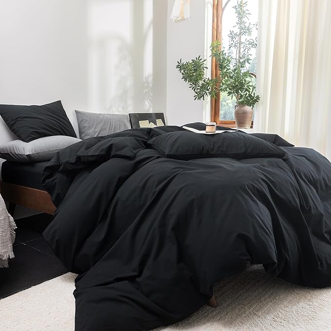 FOSSA Duvet Cover Set 100% Washed Cotton Linen Feel Super Soft Breathable Cozy 3 Pieces Bedding Sets Solid Black California King