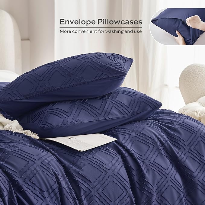 JELLYMONI Duvet Cover Twin Size Navy Blue - 3PCS Boho Duvet Cover Set Plaid Polyester Tufted Bohemian Jacquard Knit Textured Comforter Cover 68×90in Rhombic Geometric Pattern Corner Ties & Zipper