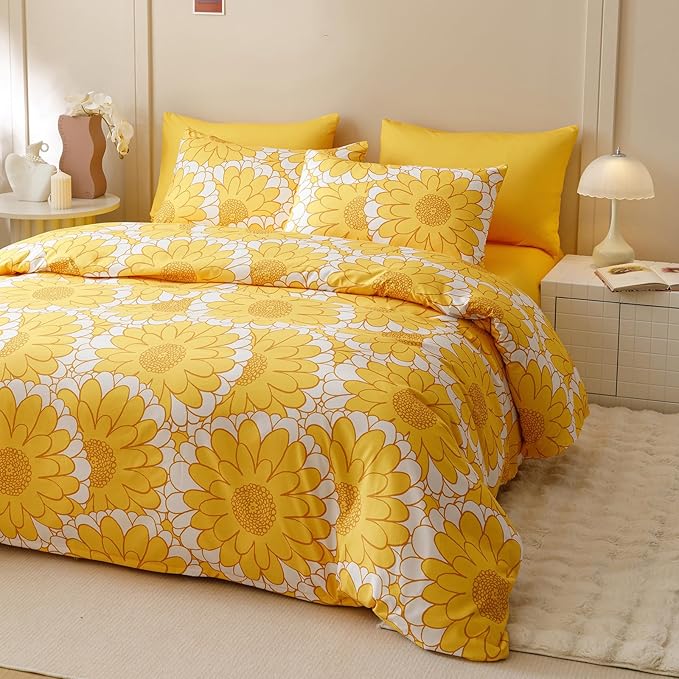 KAREVER Yellow Sunflower Comforter Set Full Size Yellow Sunflower Bedding Set 3 PCs Comforter Set Full Size Fluffy Linen Comforter Sets