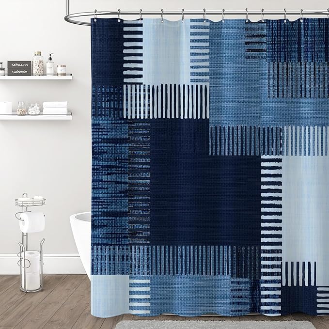 Navy Blue Fabric Shower Curtain,Modern Abstract Geometric Shower Curtain for Bathroom,72" W X 72" L