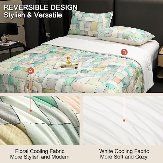 Cyusri Print Cooling Comforter Set 3Pcs Breathable Cool Queen Size Bedding Set with 2 Pillowcases Green Geometric Pattern Silky Cold Quilt, 90"x90"