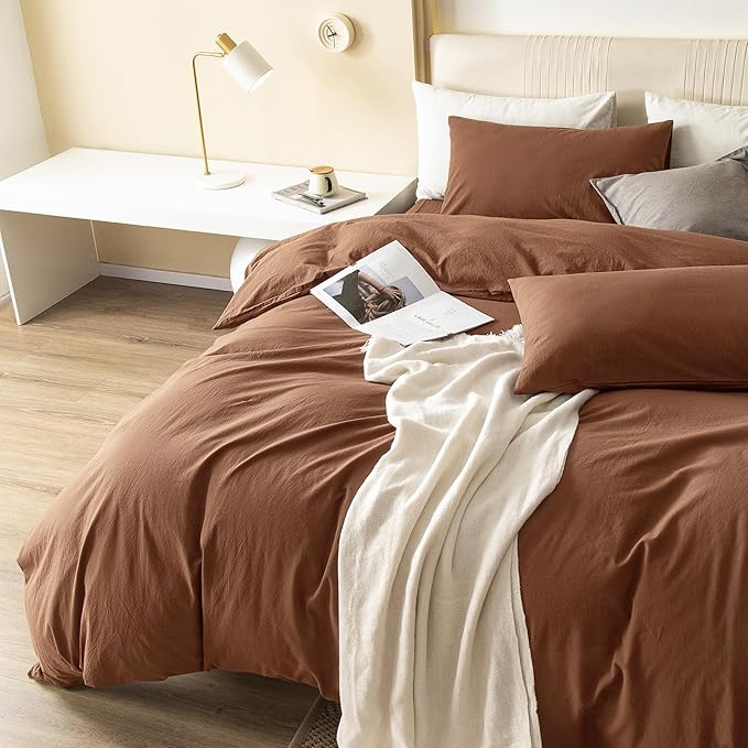 JIYUAN 100% Washed Cotton Duvet Cover Set 3 Pieces King, 1 Duvet Cover 104x90 Inches(Comforter Not Included) and 2 Pillowcases,Linen Feel Bedding Set Comfy and Breathable,Burnt Orange