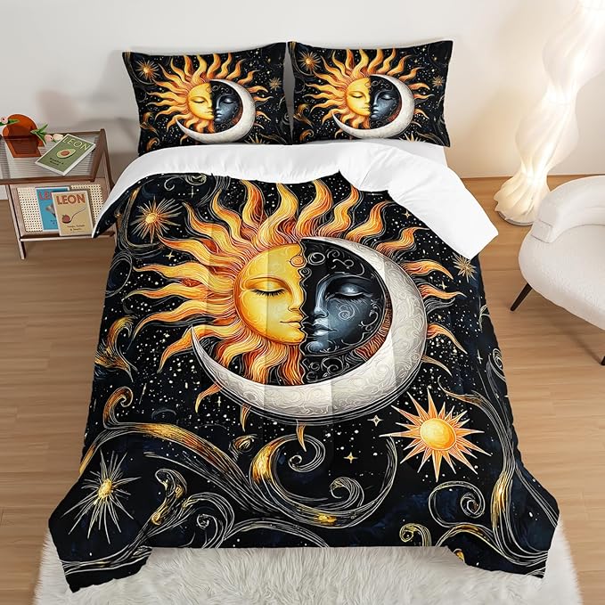 Sun and Moon Bedding Set Full Size,Yellow Galaxy Celestial Bedding for Kids Boys Girls Teens Room Boho Decor,Black and Yellow Fluffy Comforter Sets with 2 Pillowcases.