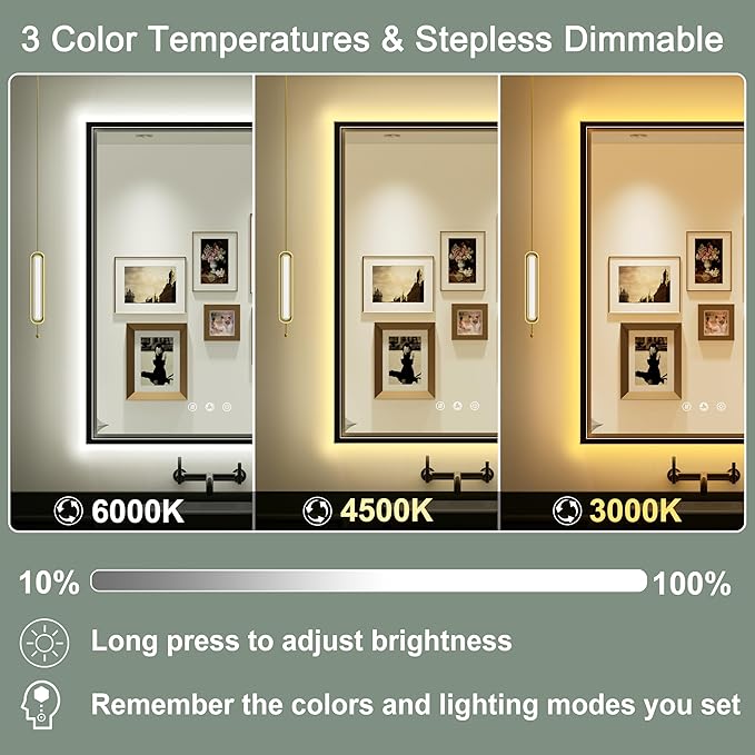 24x32 Inch LED Bathroom Mirror with Front & Back Lights, Adjustable 3000K/4500K/6000K, Wall Mounted Black Lighted Bathroom Vanity Mirrors, Dimmable, Memory, Anti-Fog, Horizontal/Vertical