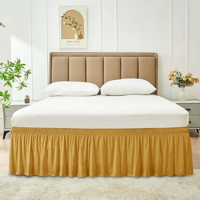 Biscaynebay Wrap Around Bed Skirts for Queen Size Beds 18" Drop, Christmas Gold Adjustable Elastic Dust Ruffles Easy Fit Wrinkle Resistant Silky Luxurious Fabric Machine Washable
