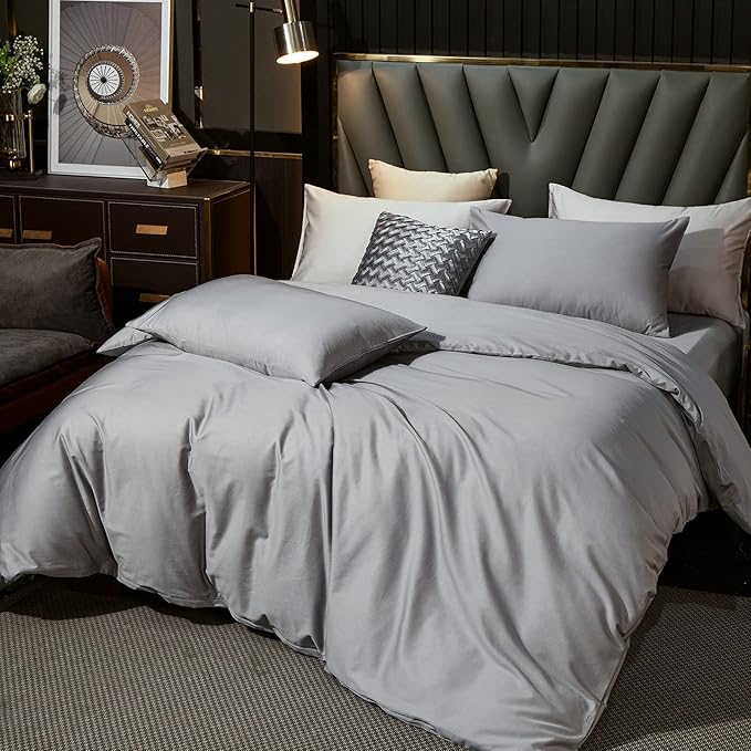 MooMee Duvet Cover Set 100% Extra Long Staple Cotton 600 Thread Count Silky Sateen Smooth Luxury Soft Breathable Durable Hotel Quality Bedding, 3 Pieces (Light Gray, King 104"x90")