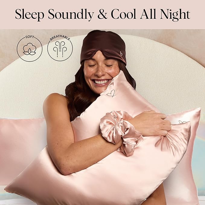 Kitsch Night time Renewal 3PC Sleep Set - Satin Pillowcase with Zipper for Hair & Skin - Softer Than Silk, Queen/Standard Size with Satin Pillow Scrunchie No-Damage Hair Tie and Satin Pillow Eye Mask