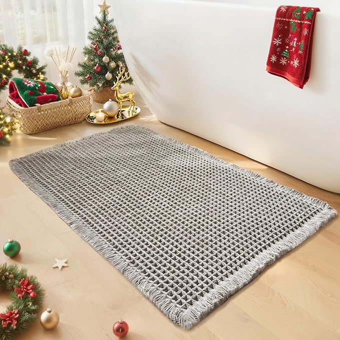 Waffle Bath Mat - Boho Bathroom Rugs Non Slip Washable, Super Absorbent & Quick Dry, Soft Bath Mat Farmhouse Bathroom Decor, 24'' x 36'', Light Grey