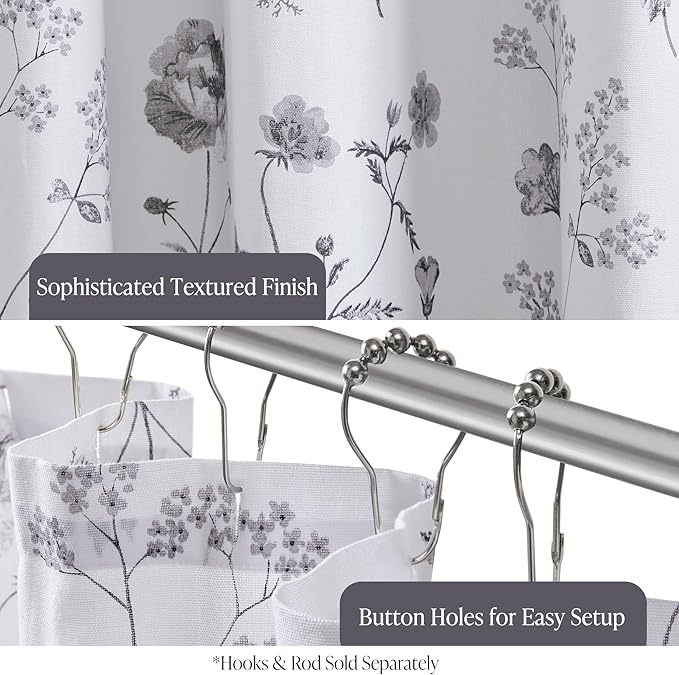 Martha Stewart Martha's Garden Shower Curtain Botanical Floral Print Cotton Shower Curtain for Bathroom, Spa Quality Modern Shower Curtains Standard Size, 72x72 Black