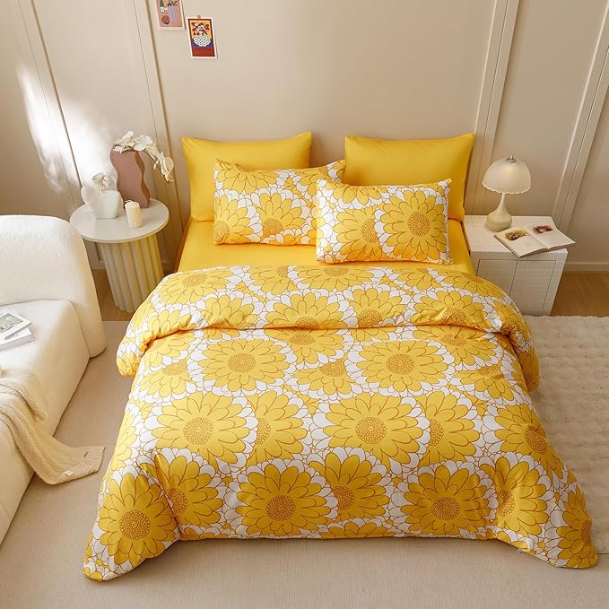 KAREVER Yellow Sunflower Comforter Set Queen Size Yellow Sunflower Bedding Set 3 PCs Comforter Set Queen Size Fluffy Linen Comforter Sets