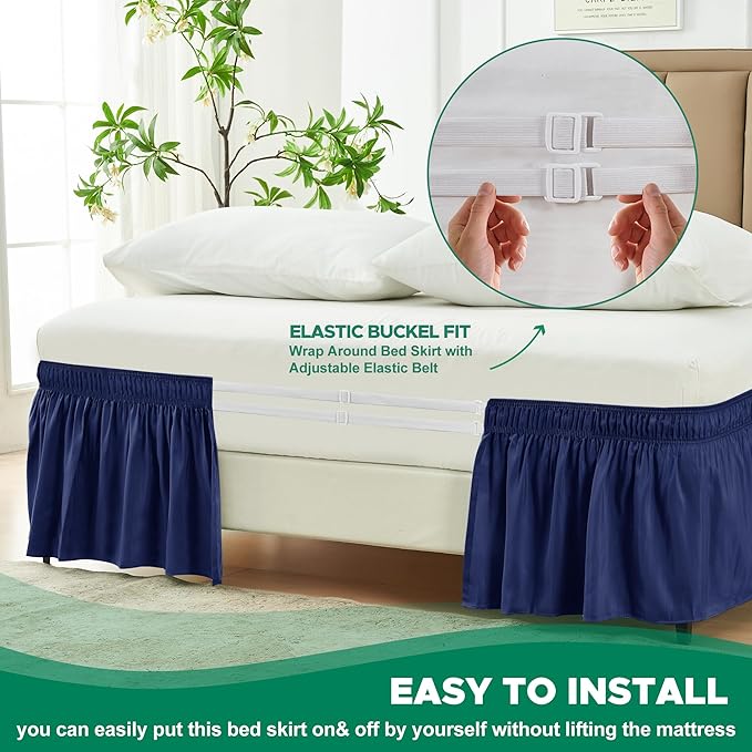 Biscaynebay Wrap Around Bed Skirts for Twin & Twin XL Beds Short Drop of 12", Navy Adjustable Elastic Dust Ruffles Easy Fit Wrinkle Resistant Silky Luxurious Fabric Machine Washable