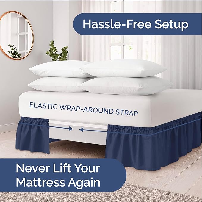 Wrap Around Dust Ruffle Bed Skirt - Navy Blue - for King Size Beds with 15 Inch Drop - Elastic Strap - Adjustable Pleated Bedskirt with Brushed Fabric and Wrinkle Free - for Women, Men, Kids & Teens