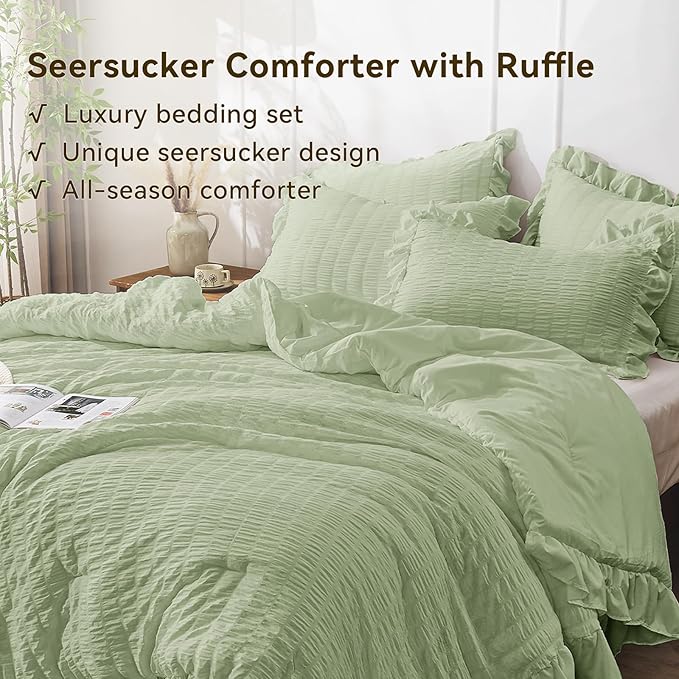 JOLLYVOGUE Sage Green Twin Size Comforter Set, 2 Pieces Seersucker Lightweight Fluffy Bedding Set, Twin Ruffle Comforter, All Season Soft Microfiber Shabby Chic Bed Set