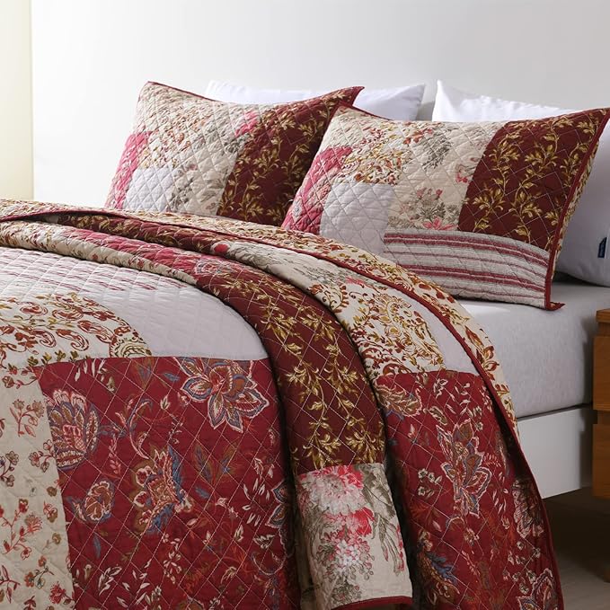 Yvooxny King Quilt Set Quilted Bedspread Country Farmhouse Cottage Vintage Ditsy Floral Paisley Style Reversible Lightweight Coverlet Set Real Patchwork Quilt for All Seasons, Antique Rose, King Size
