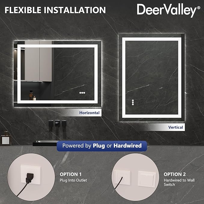 DeerValley LED Bathroom Mirror, 40" x 32" Front and Backlit Wall Mounted Bathroom Vanity Mirror, Anti-Fog, 3 Colors Dimmable, Shatterproof, Tempered Glass, Memory Function (Horizontal/Vertical)