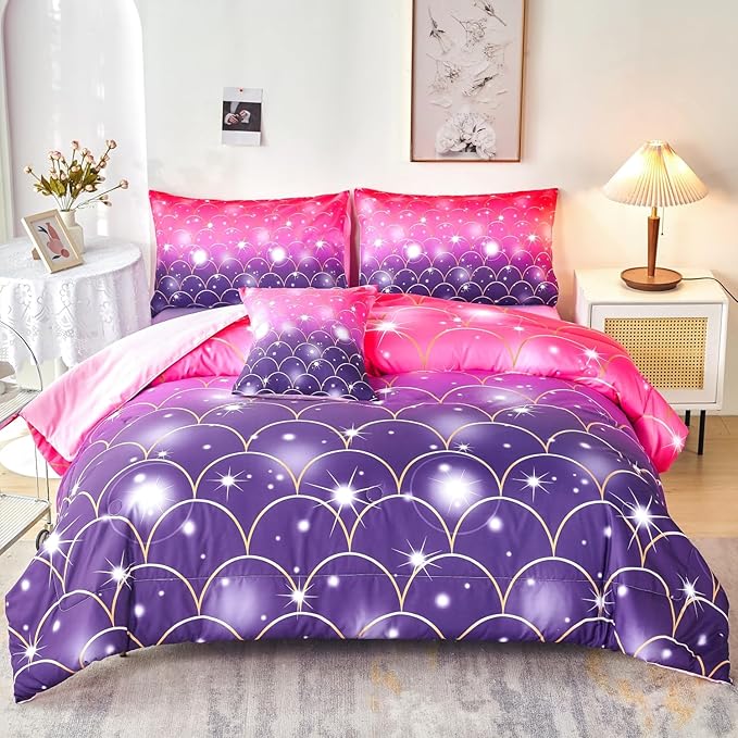 URBONUR 6Pcs Gradient Glitter Comforter Set Queen Size for Girls Sparkle Mermaid Pink Purple Bed in A Bag Soft & Breathable Kids Teen Queen Bedding Set