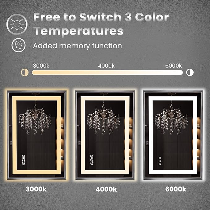 Amorho 60"X30" LED Bathroom Mirror, Brushed Nickel Framed Mirror with Front Light and Backlit, Stepless Dimmable, Anti-Fog, Shatter-Proof, Memory, 3 Colors