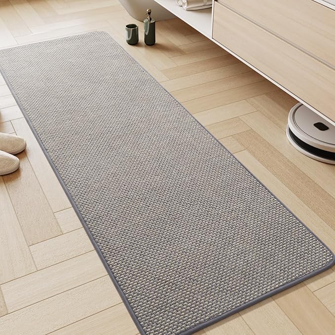 AMOAMI Chenille Bath Mat Super Absorbent Bathroom Mat Quick Dry Low Pile Bath Mats for Bathroom Washable Rubber Backed Bathroom Runners Fit Under Door, Front of Bathtub, Sink, LIGHTGREY&Beige 24"x70"