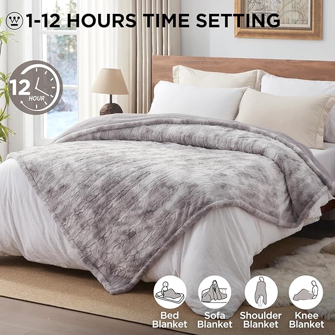 Westinghouse Electric Blanket Twin, Faux Fur Heated Blanket with 10 Heating Levels & 1-12 Hours Auto Off, Soft Cozy Sherpa Heated Blanket Washable Blanket (62" x 84" Twin Size, Light Grey)