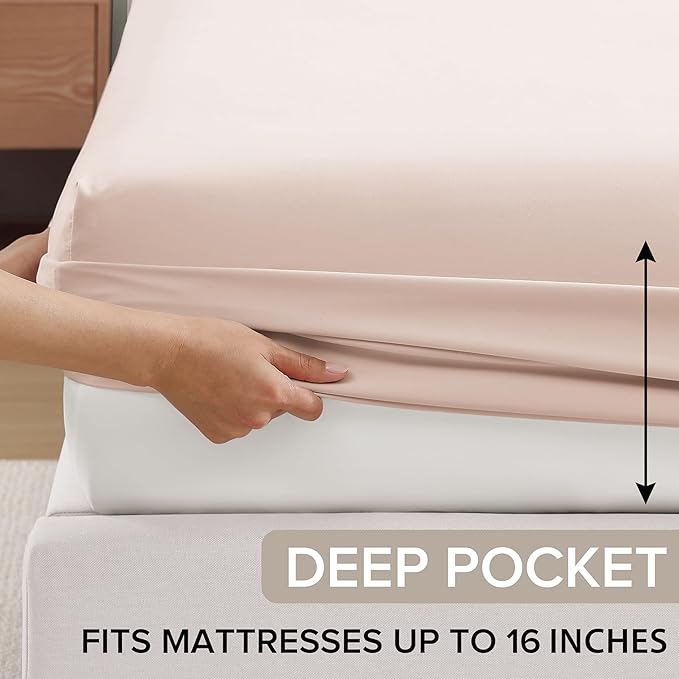 UGG Queen Sheet Set 4-Piece Luxury Cooling Sheets Deep Pockets Premium Bedding with 2 Pillow Shams Hypoallergenic Machine Washable Soft Lightweight Bed Set for Bedroom, Queen, Shell Pink (Hedi)