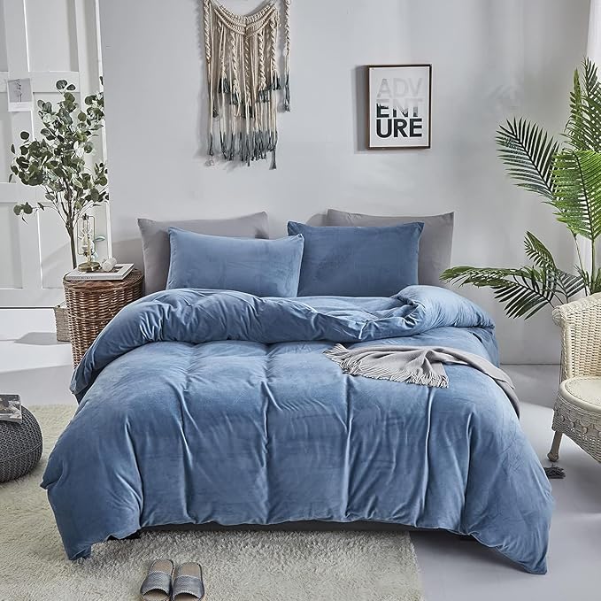 Cottonight Blue Velvet Comforter Full Size Bright Flannel Bedding Plain Lake Blue Winter Quilts Modern Heavyweight Warm 3 Piece Comforter Set for Full Bed