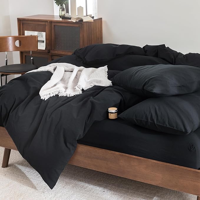 FOSSA Duvet Cover Set 100% Washed Cotton Linen Feel Super Soft Breathable Cozy 3 Pieces Bedding Sets Solid Black California King