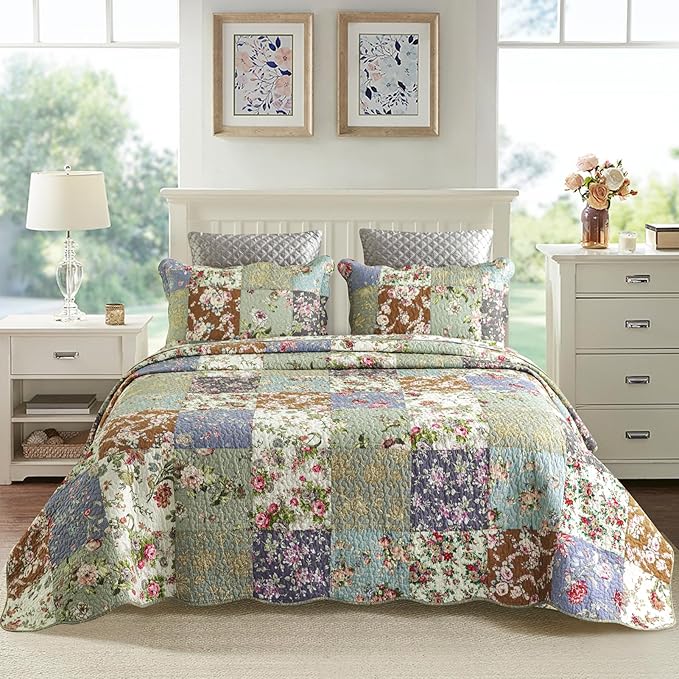 YAYIDAY Quilt King Size Patchwork Bedspread Set - 100% Cotton Reversible Breathable Floral Quilted Quilt with Pillow Shams Fit All Season