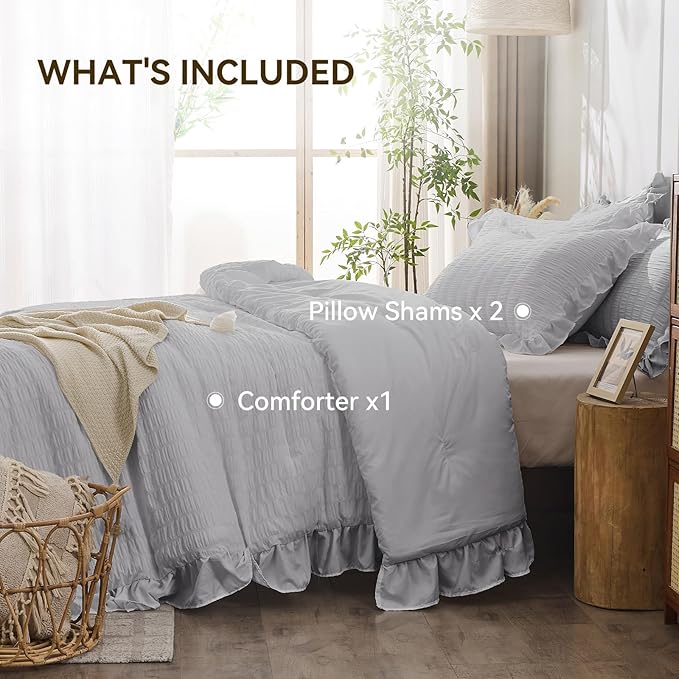 JOLLYVOGUE Light Grey Comforter Full Size, 3 Pieces Seersucker Lightweight Full Size Bedding, All Season Fluffy Microfiber Bedding Comforter Set with 1 Ruffle Comforter and 2 Ruffle Pillowshams