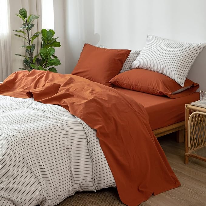 MooMee Bedding Sheet Set 100% Washed Cotton Linen Like Textured Breathable Durable Soft Comfy (Solid Rust Brown, Full)
