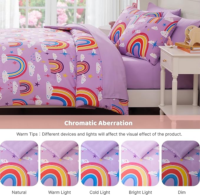 Twin Comforter Set for Girls-5 Pieces Purple Rainbow Glow in The Dark Twin Bedding Sets for Kids, Ultra Soft Bed in A Bag with Sheets