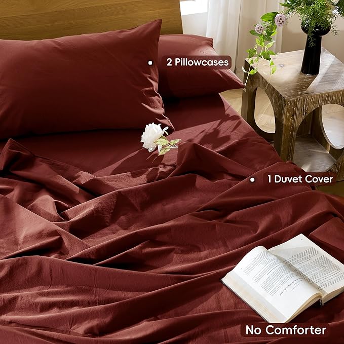 MooMee Bedding Duvet Cover Set 100% Washed Cotton Linen Like Textured Breathable Durable Soft Comfy (Solid Fired Brick Red, Full 80"x90")